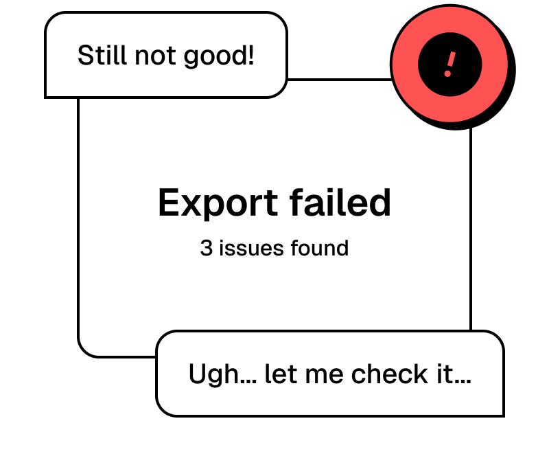 Frustration during design handoff – export error and Slack message about broken icons with red alert icon