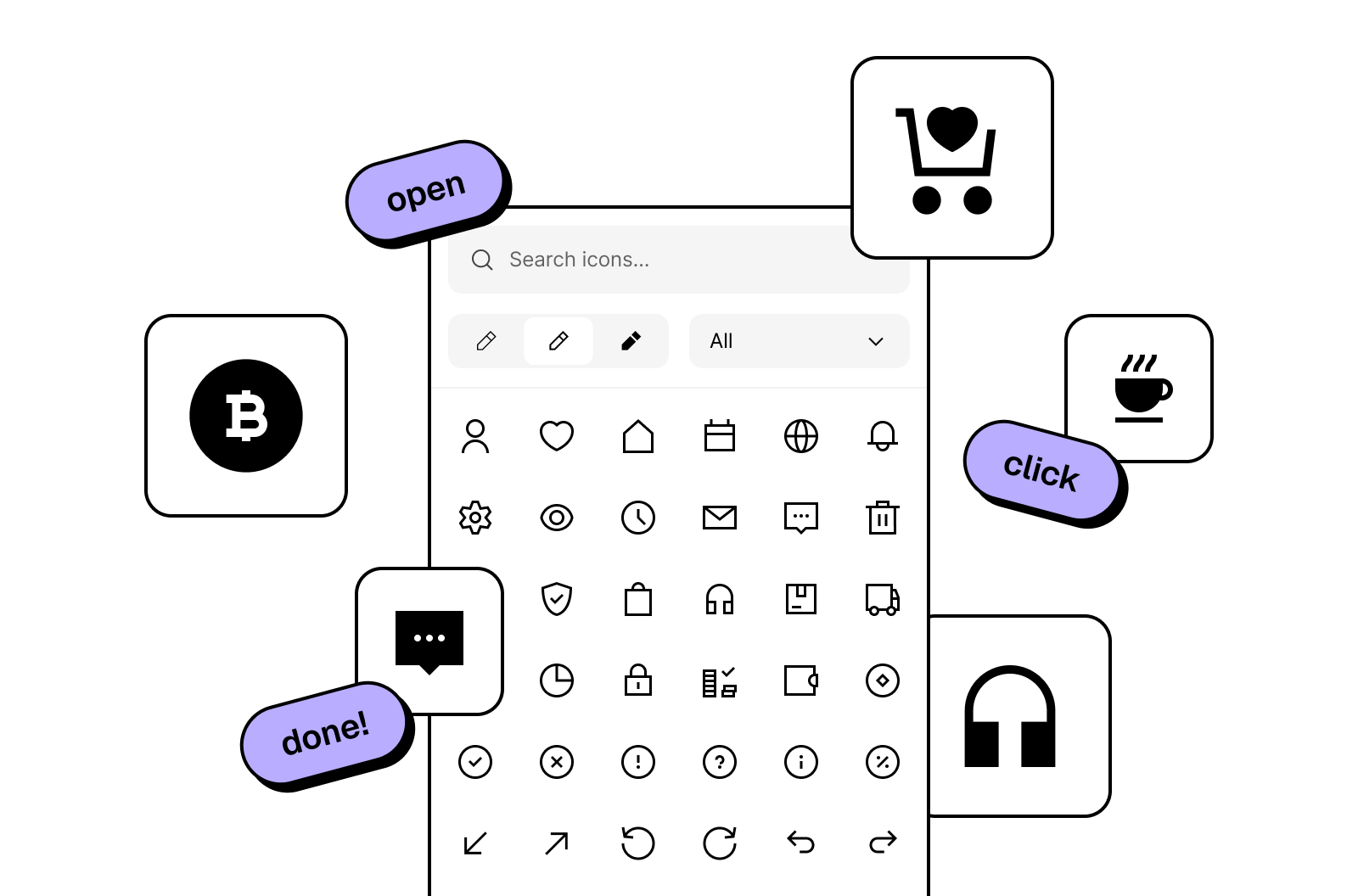 Figma plugin with hundreds of UI icons ready to drop in – quick insert of Bitcoin, cart, music, and more