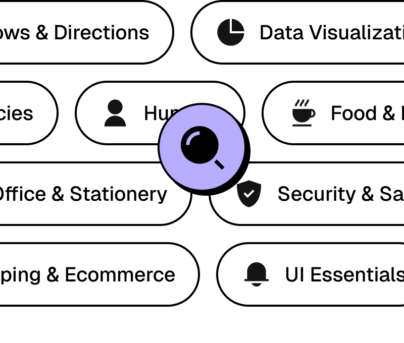 Well-organized icon categories in Figma plugin – UI, shopping, data, communication, and more for seamless workflows