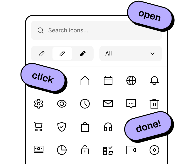 Figma plugin with hundreds of UI icons ready to drop in – quick insert of Bitcoin, cart, music, and more