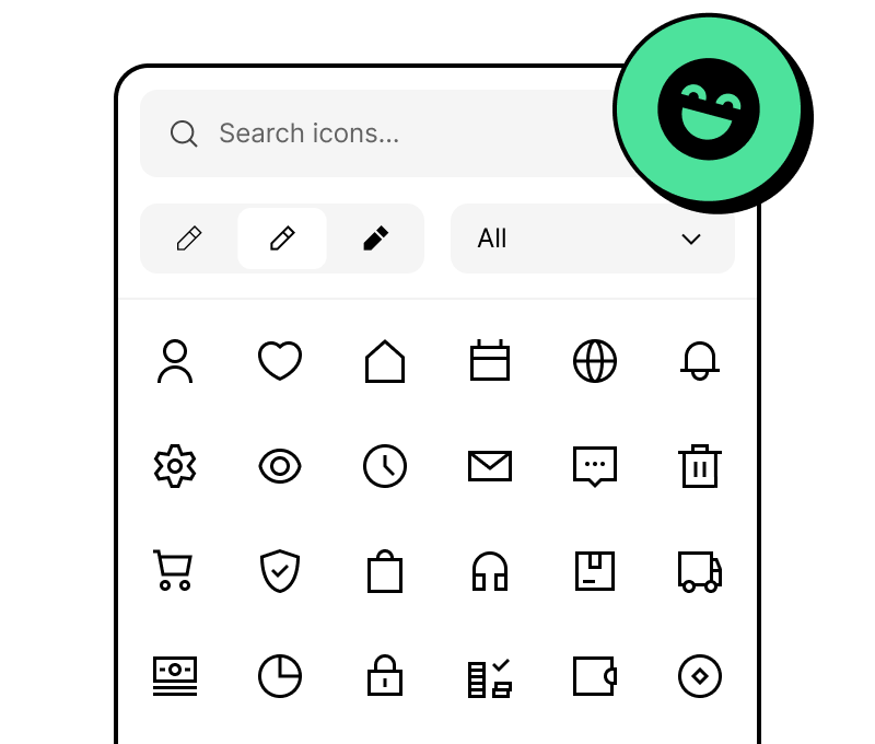 Figma plugin interface showing clean, organized icon library with search – one tool for all design icon needs