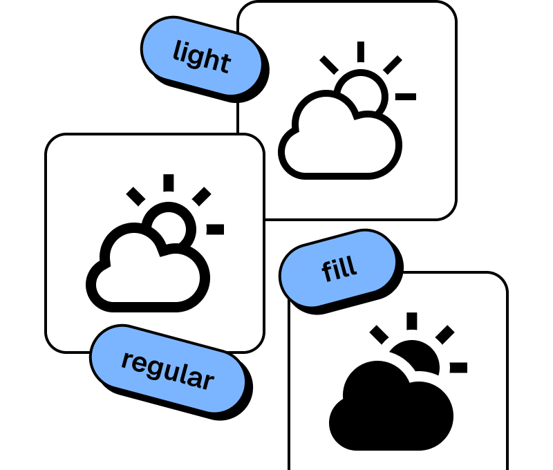 Three icon weights for flexible design – light, regular, and filled weather icons for visual tone matching