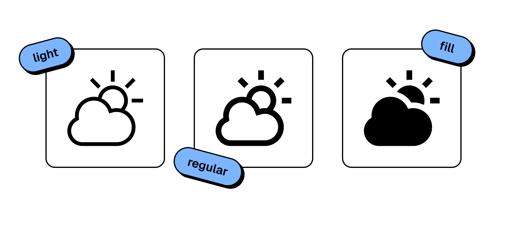 Three icon weights for flexible design – light, regular, and filled weather icons for visual tone matching