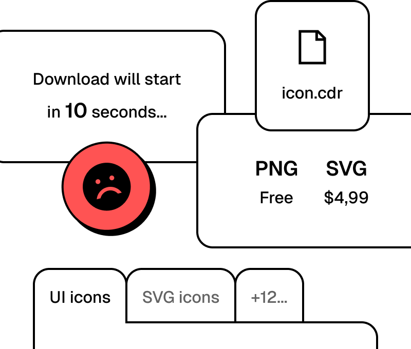 Illustration of chaotic icon downloads from sketchy websites – multiple file formats, ads, and confusing options