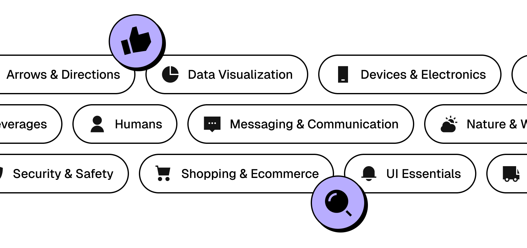 Well-organized icon categories in Figma plugin – UI, shopping, data, communication, and more for seamless workflows
